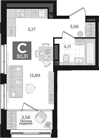 Планировка Студия, 30,31 м² в ЖК Б-26 Дом на высоте