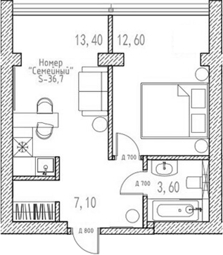 Планировка Апартаменты, 34,1 м² в ЖК Баден-Баден Таватуй Зелёный мыс