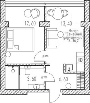 Планировка Апартаменты, 36,3 м² в ЖК Баден-Баден Таватуй Зелёный мыс