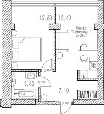 Планировка Апартаменты, 37,4 м² в ЖК Баден-Баден Таватуй Зелёный мыс