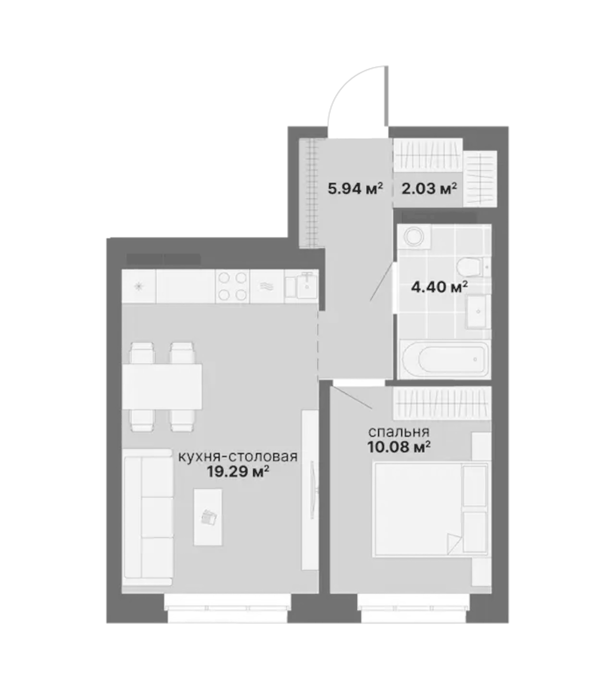 Планировка 1-к.кв, 41.74 м² в ЖК Балтийский