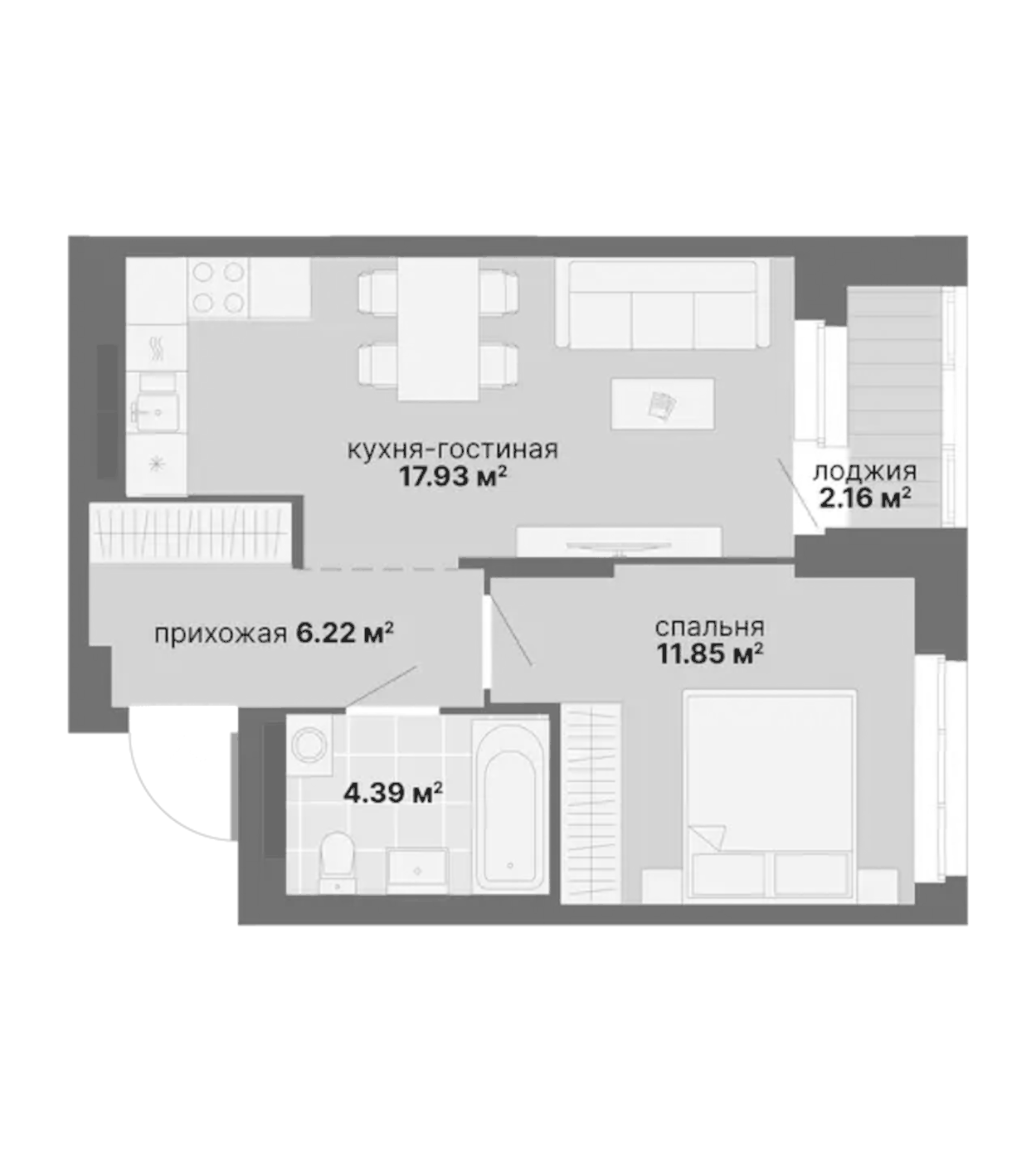 Планировка 1-к.кв, 42.55 м² в ЖК Балтийский