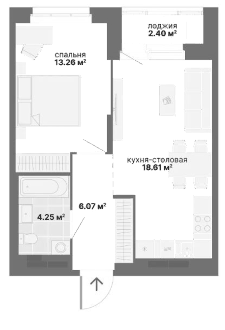 Планировка 1-к.кв, 44.59 м² в ЖК Балтийский