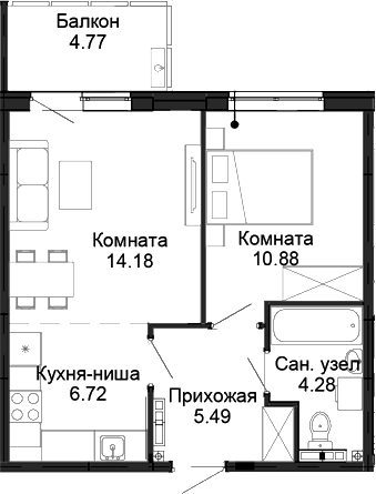 Планировка 2-к.кв, 42,98 м² в ЖК Балтым-парк