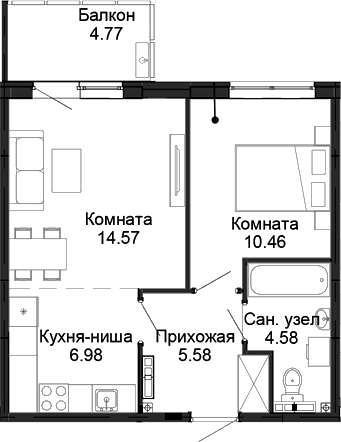 Планировка 2-к.кв, 43,6 м² в ЖК Балтым-парк