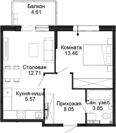 Планировка 2-к.кв, 45,02 м² в ЖК Балтым-парк