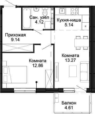 Планировка 2-к.кв, 45,91 м² в ЖК Балтым-парк