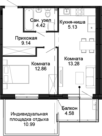 Планировка 2-к.кв, 49,5 м² в ЖК Балтым-парк