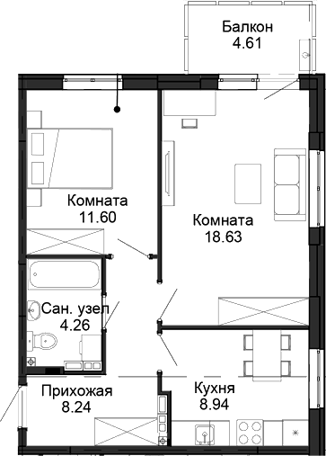 Планировка 2-к.кв, 53,05 м² в ЖК Балтым-парк