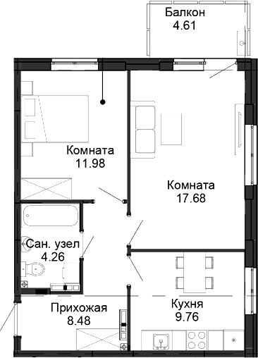 Планировка 2-к.кв, 53,54 м² в ЖК Балтым-парк