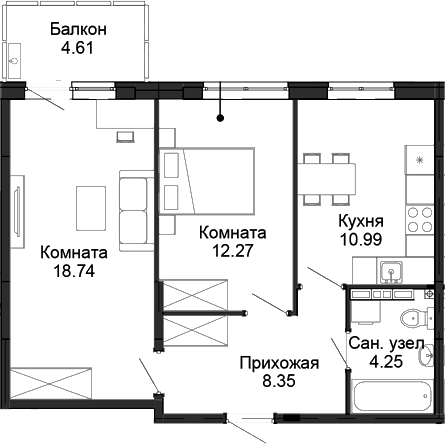 Планировка 2-к.кв, 55,98 м² в ЖК Балтым-парк