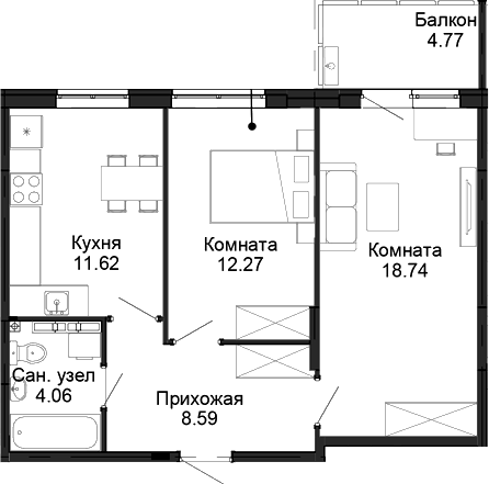 Планировка 2-к.кв, 56,71 м² в ЖК Балтым-парк