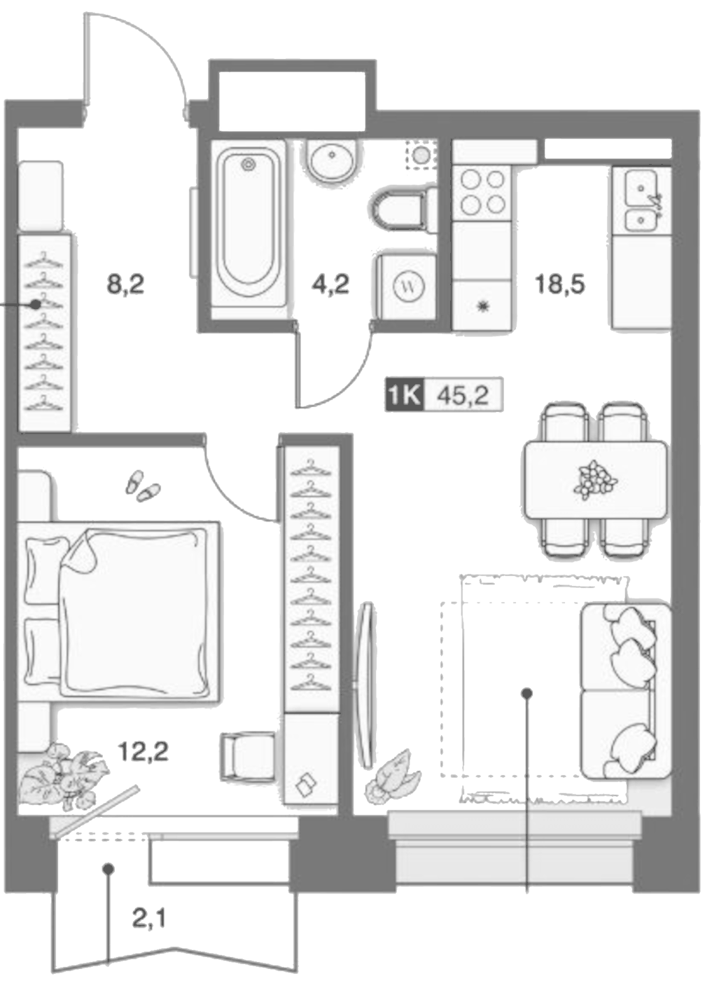 Планировка 1-к.кв, 43,77 м² в ЖК Банников Дом