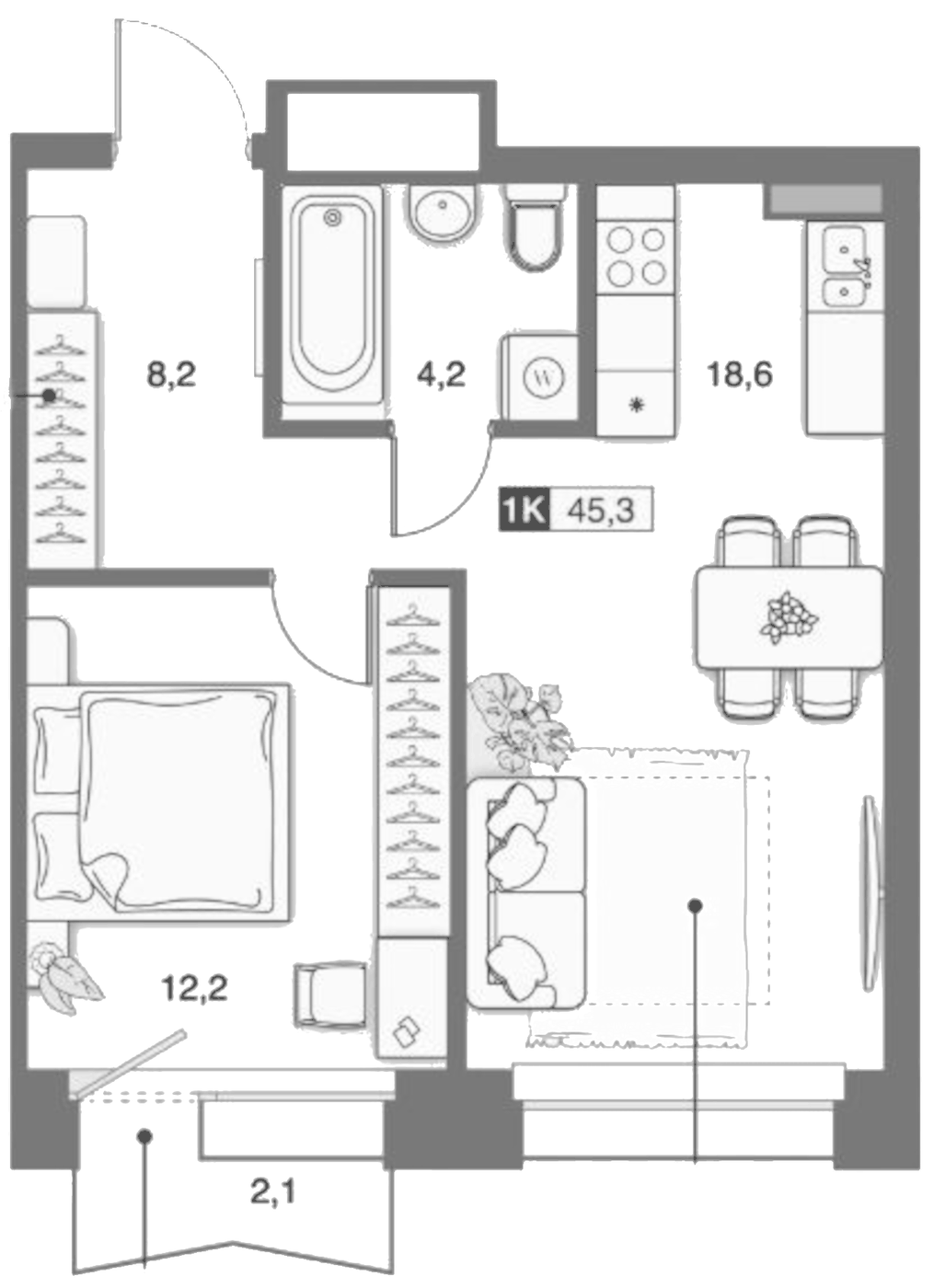 Планировка 1-к.кв, 43,88 м² в ЖК Банников Дом