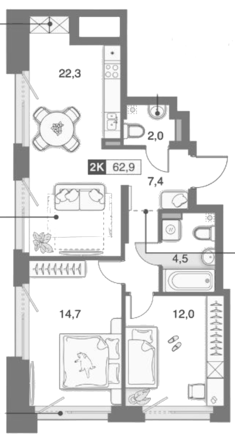 Планировка 2-к.кв, 62,94 м² в ЖК Банников Дом