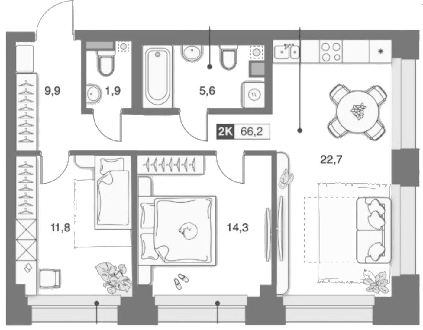 Планировка 2-к.кв, 66,16 м² в ЖК Банников Дом