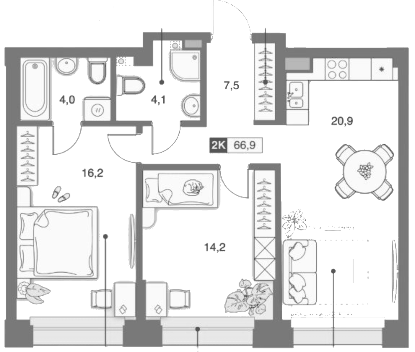 Планировка 2-к.кв, 66,95 м² в ЖК Банников Дом