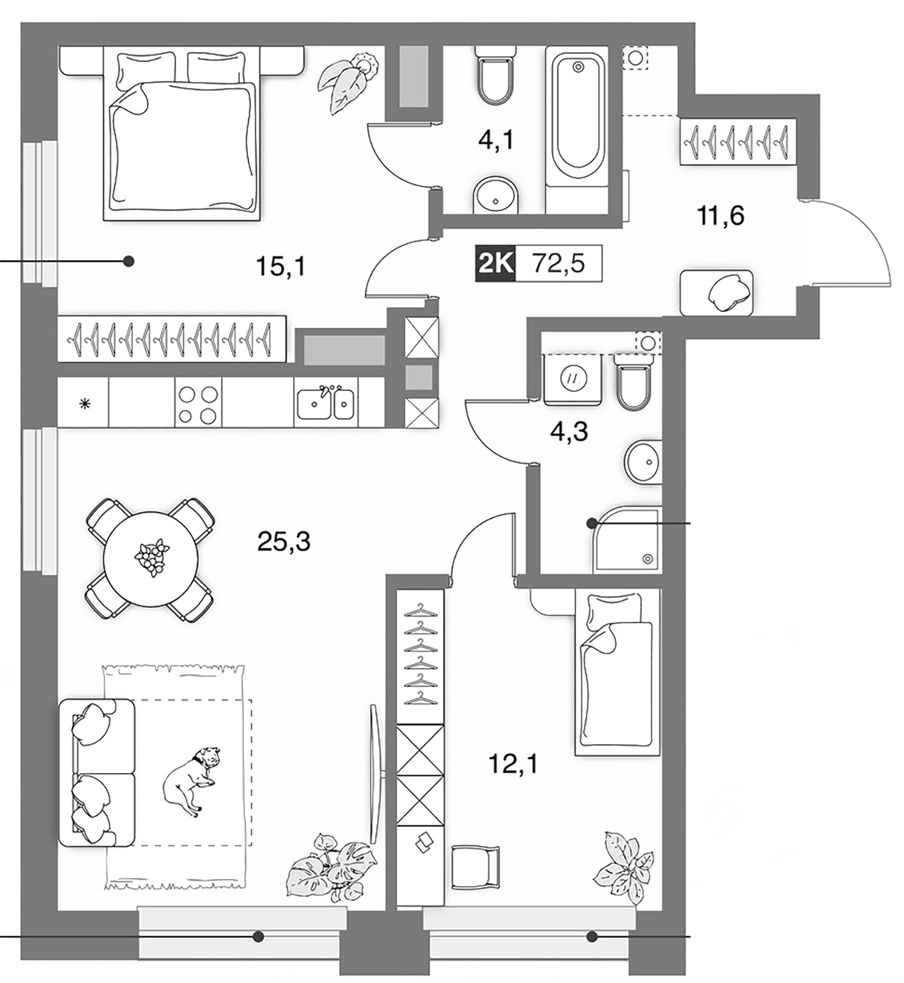 Планировка 2-к.кв, 72,5 м² в ЖК Банников Дом