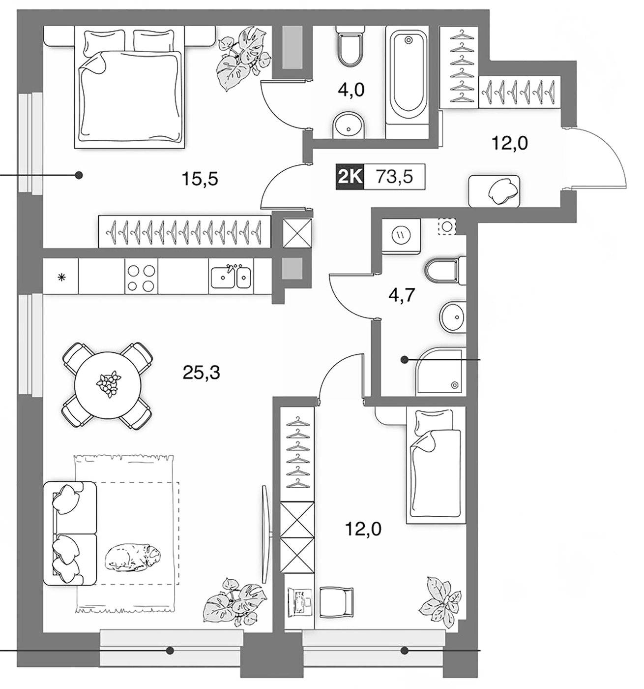 Планировка 2-к.кв, 73,53 м² в ЖК Банников Дом