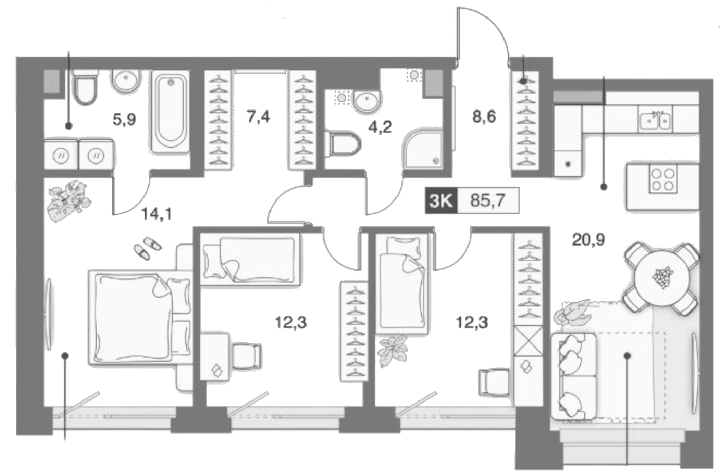 Планировка 3-к, 85,73 м² в ЖК Банников Дом