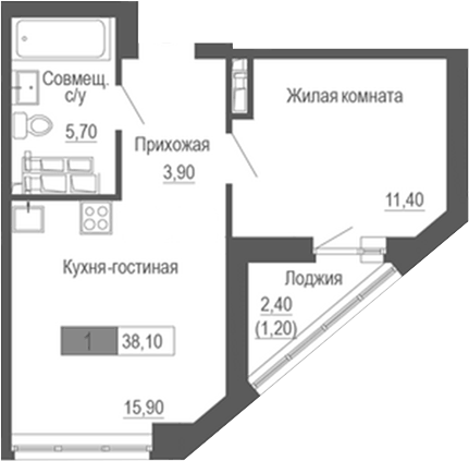 Планировка 1-к.кв, 38,1 м² в ЖК Башня времени