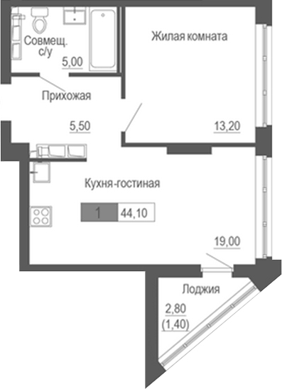 Планировка 1-к.кв, 44,1 м² в ЖК Башня времени