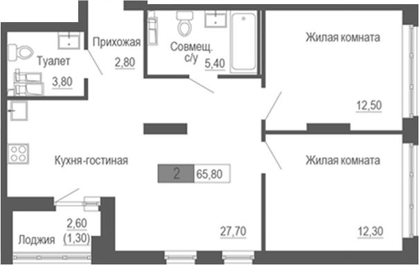 Планировка 2-к.кв, 65,8 м² в ЖК Башня времени