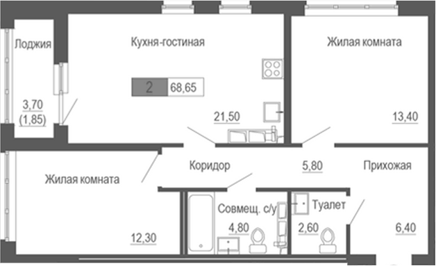 Планировка 2-к.кв, 68,65 м² в ЖК Башня времени
