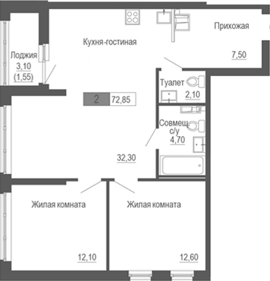 Планировка 2-к.кв, 72,85 м² в ЖК Башня времени