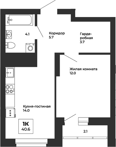 Планировка 1-к.кв, 40,6 м² в ЖК Белая Башня
