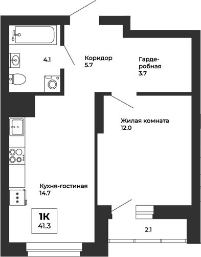 Планировка 1-к.кв, 41,3 м² в ЖК Белая Башня