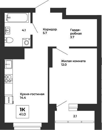 Планировка 1-к.кв, 41 м² в ЖК Белая Башня