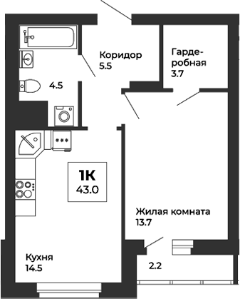 Планировка 1-к.кв, 43 м² в ЖК Белая Башня
