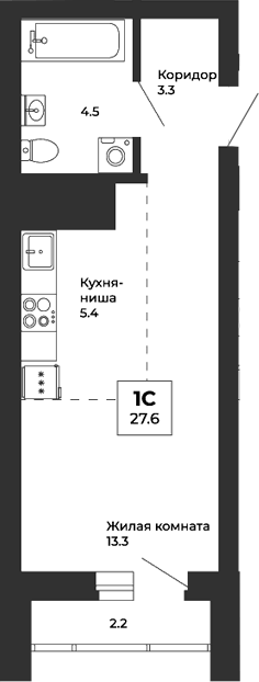 Планировка Студия, 27,6 м² в ЖК Белая Башня