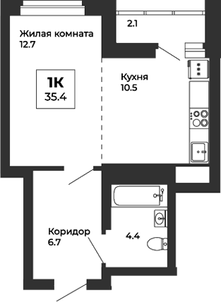 Планировка Студия, 35,4 м² в ЖК Белая Башня