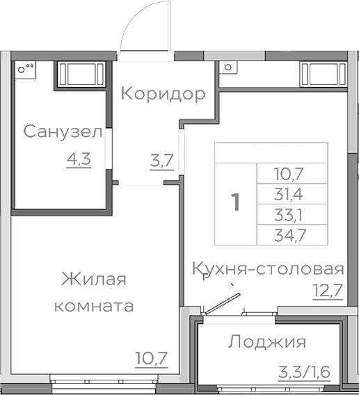 Планировка 1-к.кв, 33,1 м² в ЖК Береговой