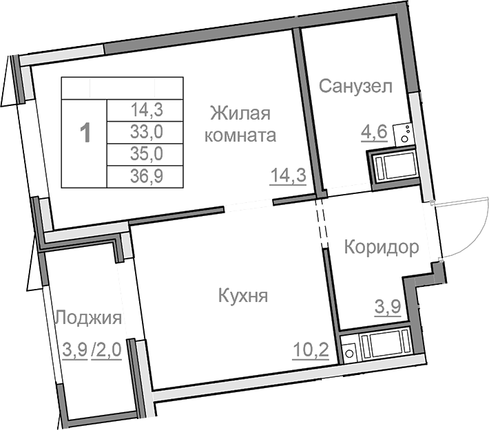Планировка 1-к.кв, 35 м² в ЖК Береговой