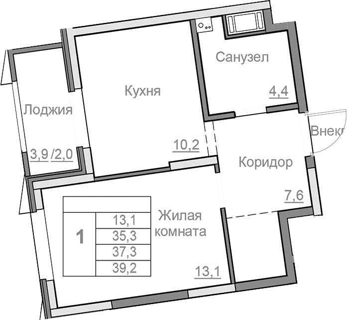 Планировка 1-к.кв, 37,3 м² в ЖК Береговой