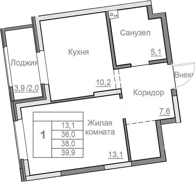 Планировка 1-к.кв, 38 м² в ЖК Береговой