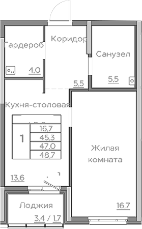Планировка 1-к.кв, 47 м² в ЖК Береговой