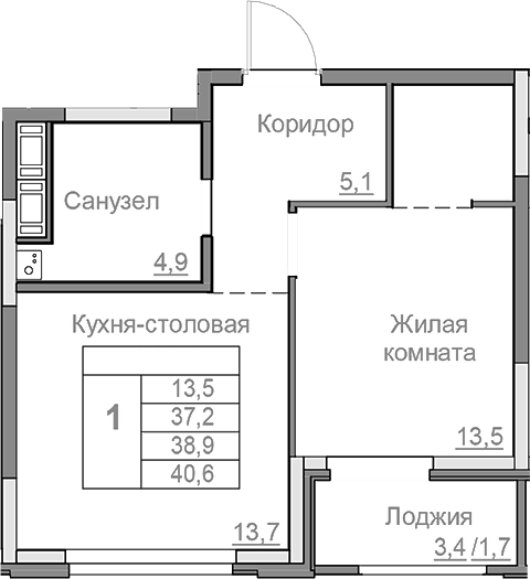Планировка 2Е-к.кв, 38,9 м² в ЖК Береговой