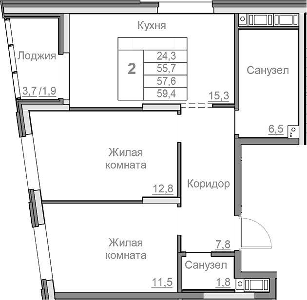 Планировка 2-к, 57,6 м² в ЖК Береговой
