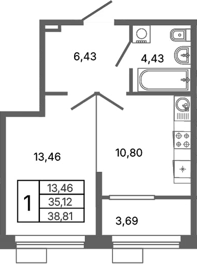 Планировка 1-к, 38,81 м² в ЖК Библиотечная 41