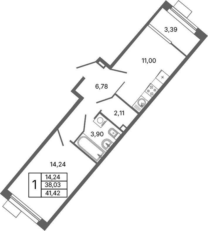 Планировка 1-к.кв, 41,42 м² в ЖК Библиотечная 41