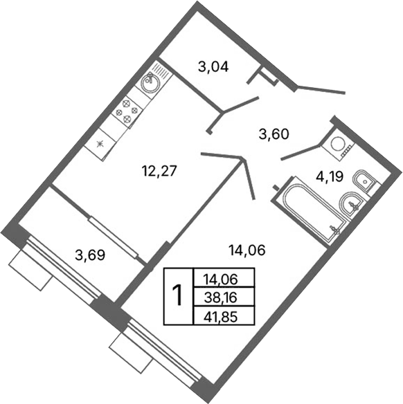 Планировка 1-к.кв, 41,85 м² в ЖК Библиотечная 41