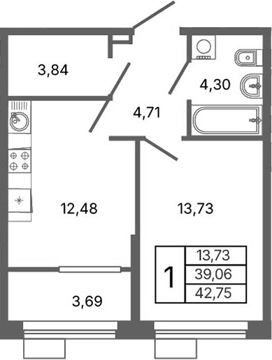 Планировка 1-к.кв, 42,75 м² в ЖК Библиотечная 41