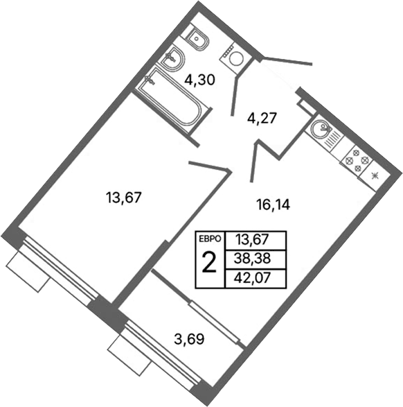 Планировка 2Е-к.кв, 42,07 м² в ЖК Библиотечная 41