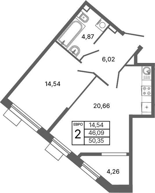 Планировка 2Е-к.кв, 50,35 м² в ЖК Библиотечная 41
