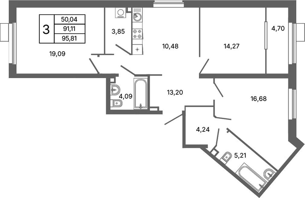 Планировка 3-к, 95,81 м² в ЖК Библиотечная 41