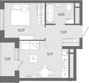 Планировка 1-к.кв, 34,84 м² в ЖК Бодровский